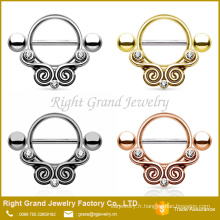 Barbell de Design or plaqué strass anneaux en acier inoxydable mamelon bouclier tribal